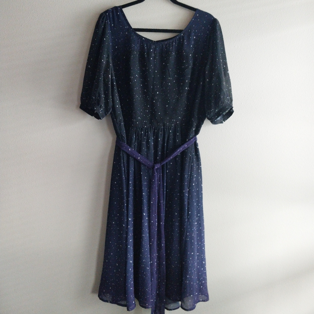 eShakti Blue & Purple Celestial Print Short Puff Sleeve A-line Midi Dress